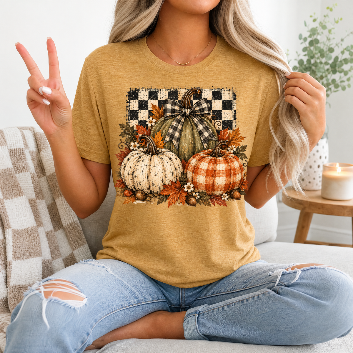 Rustic Fall Pumpkin Trio & Gingham Bow Graphic Tee