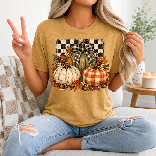 Rustic Fall Pumpkin Trio & Gingham Bow Graphic Tee