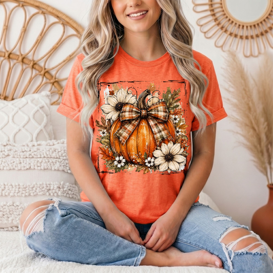 Fall Pumpkin Floral & Plaid Bow Graphic Tee