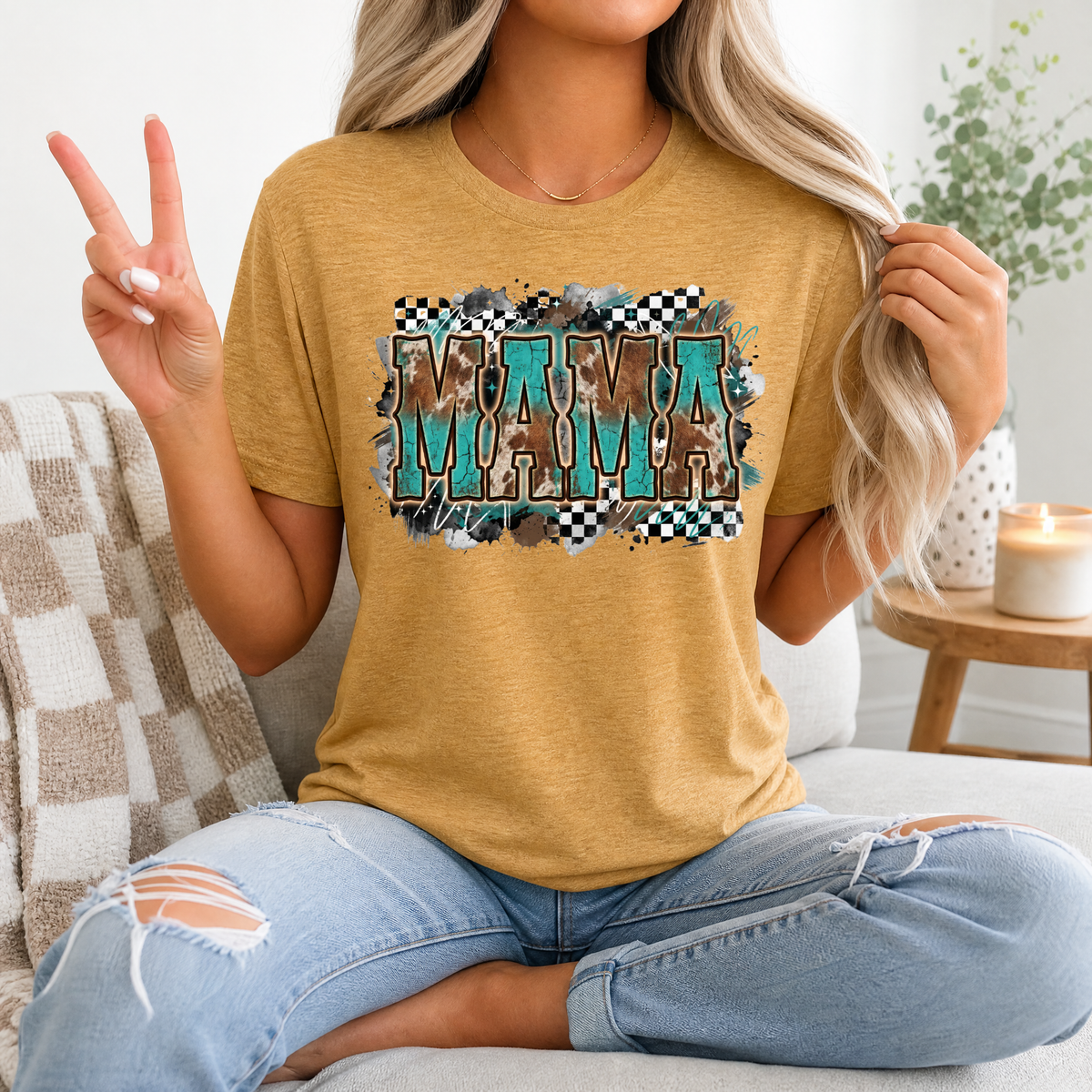 Western Mama Turquoise & Checkerboard Graphic Tee