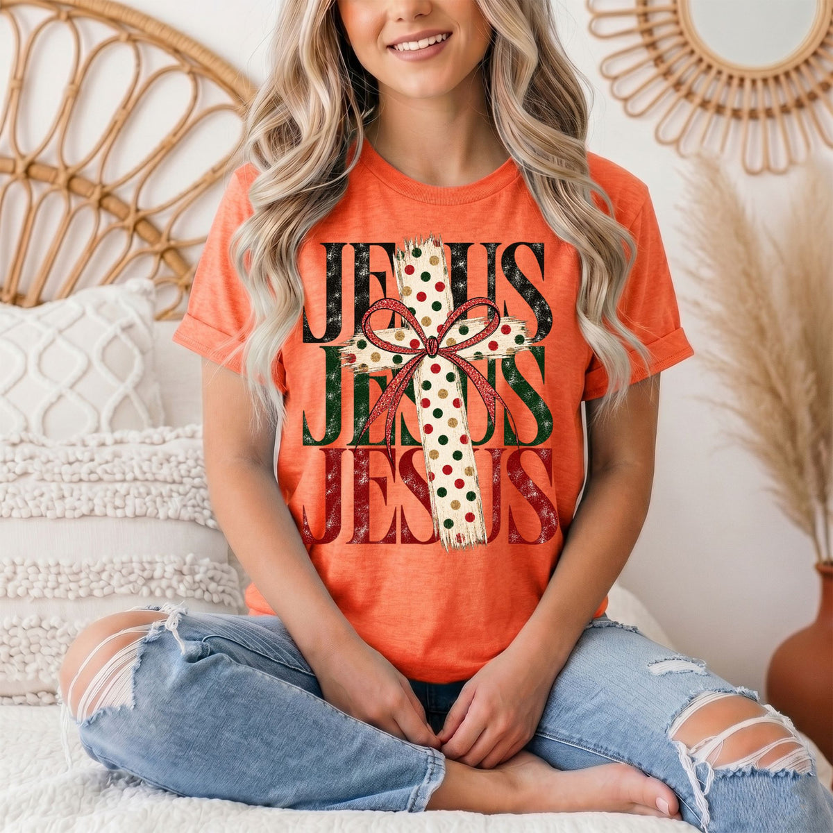 Jesus Christmas Cross & Bow Graphic Tee