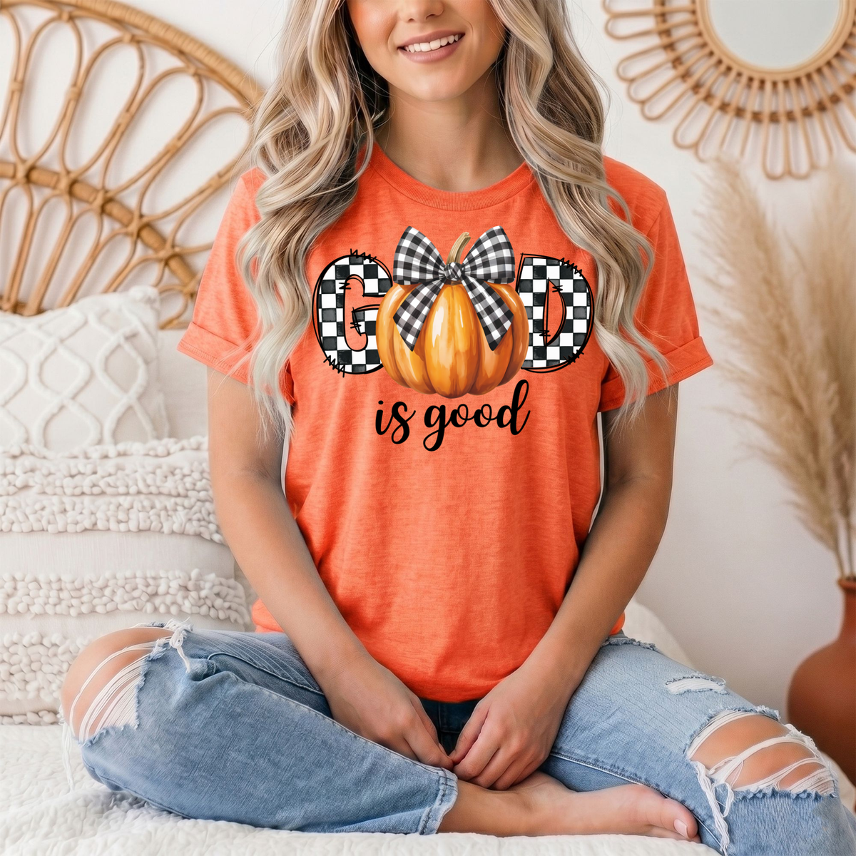 God Is Good Pumpkin & Gingham Bow Graphic Tee