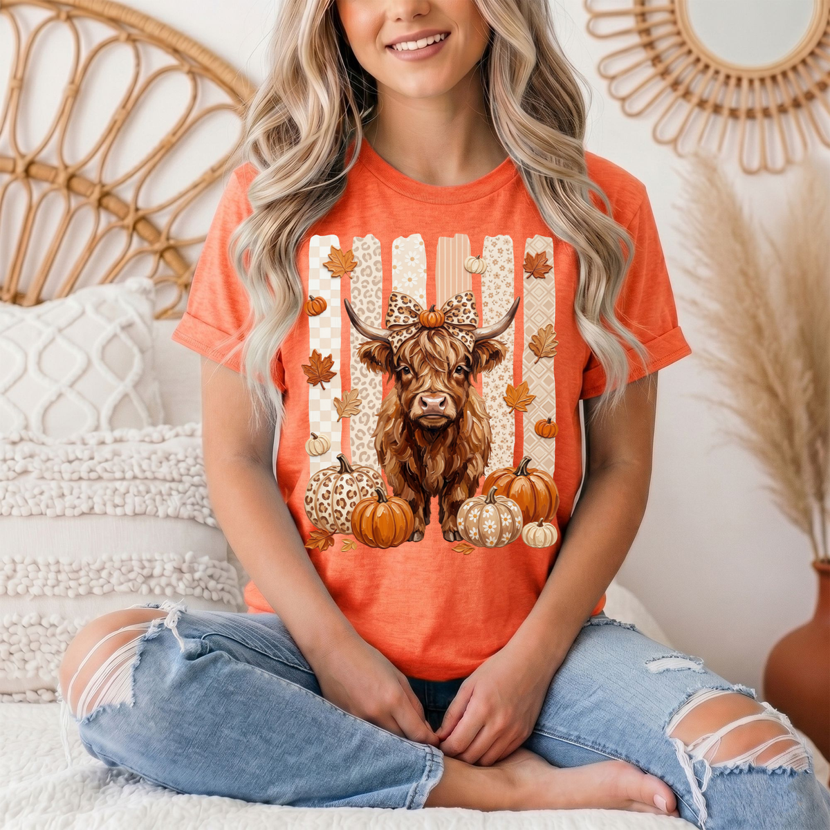 Fall Highland Cow Leopard Bow & Pumpkin Graphic Tee