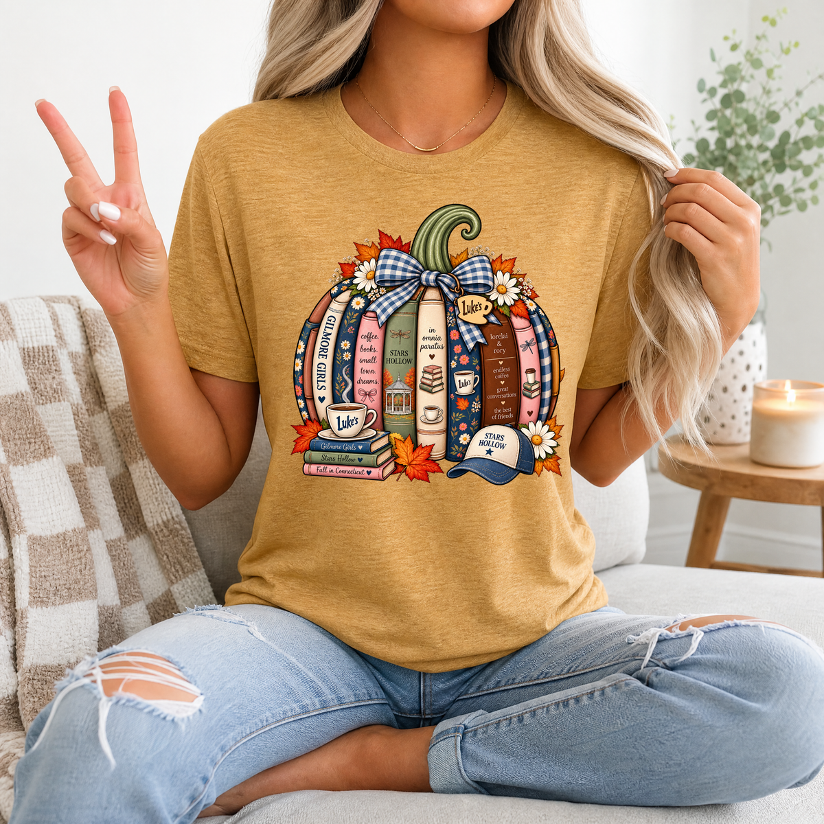 Gilmore Fall Bookish Pumpkin & Gingham Bow Graphic Tee