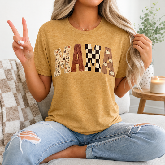 Fall Mama Floral, Checkerboard & Pumpkin Graphic Tee