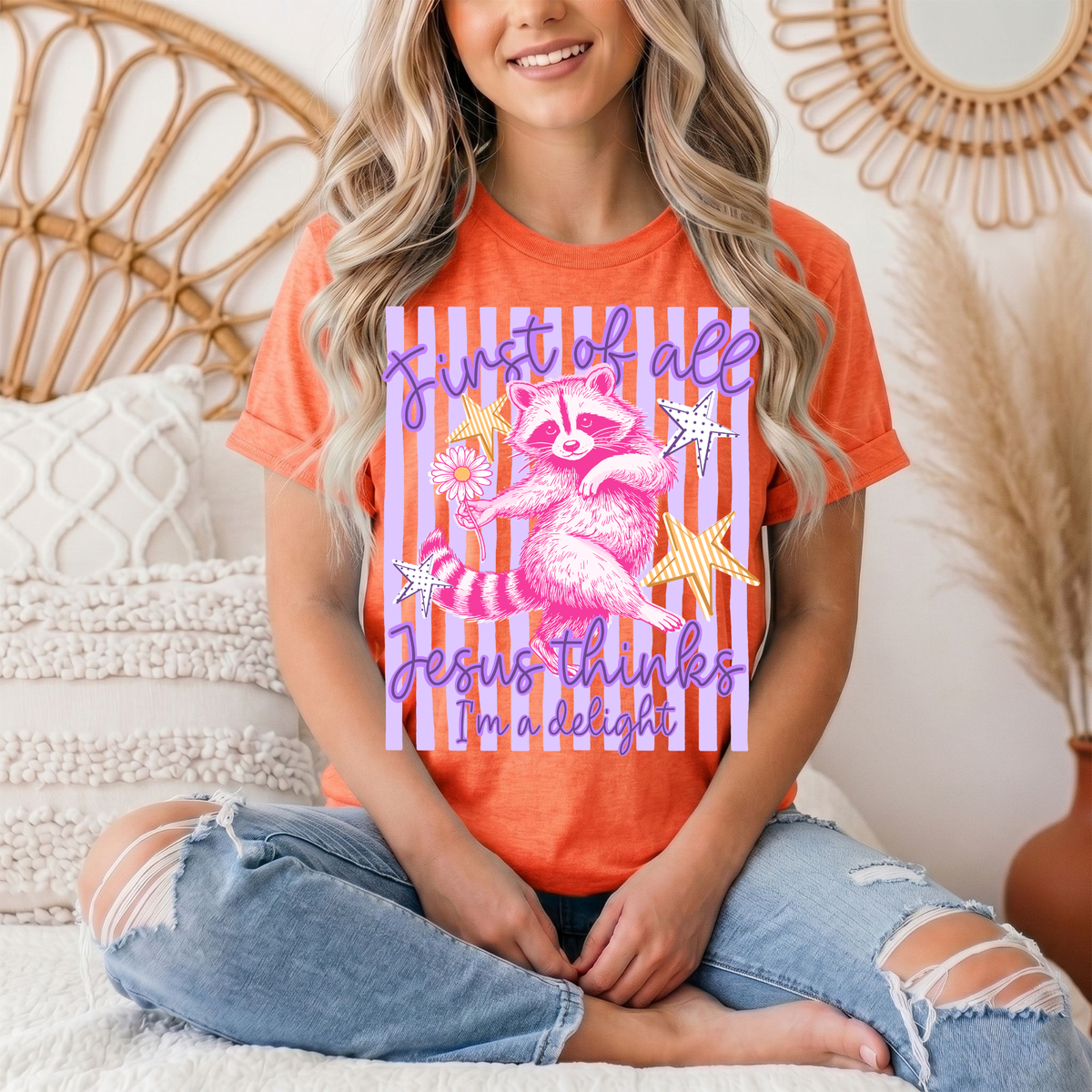 Jesus Thinks I'm a Delight Pink Raccoon Graphic Tee
