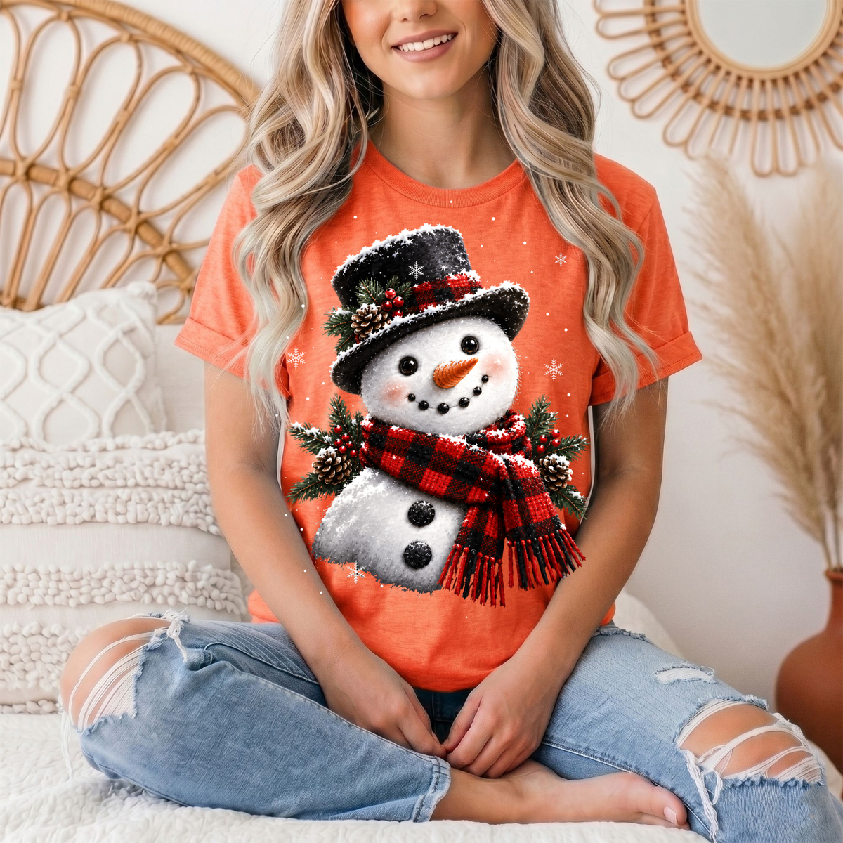 Snowman Buffalo Plaid Scarf Christmas Graphic Tee