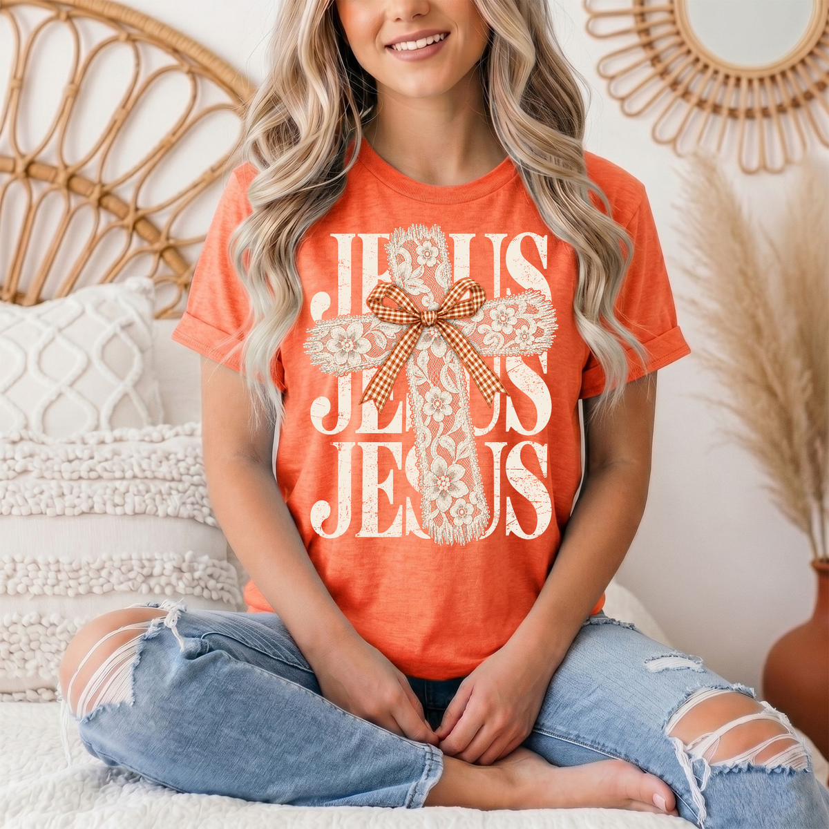 Jesus Lace Cross & Gingham Bow Christian Graphic Tee