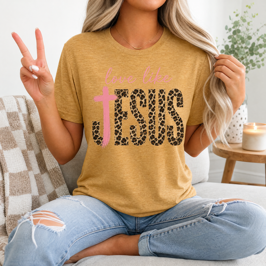 Love Like Jesus Leopard Print & Pink Cross Graphic Tee