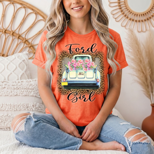 Ford Girl Floral Vintage Truck & Leopard Graphic Tee