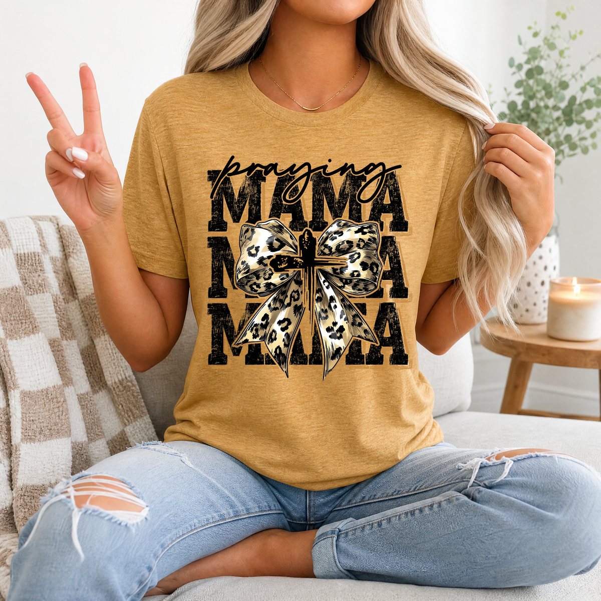 Praying Mama Leopard Bow & Cross Graphic Tee