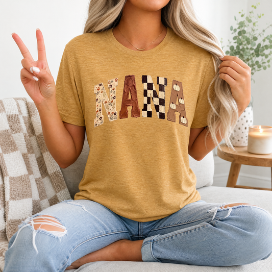 Fall Nana Floral, Checkerboard & Pumpkin Graphic Tee