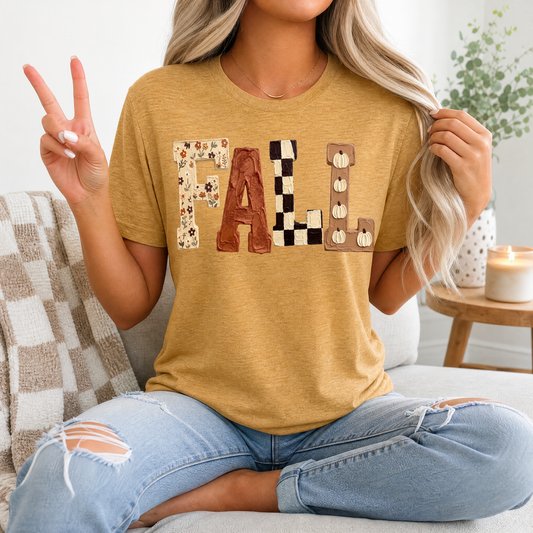 Fall Floral, Checkerboard & Pumpkin Graphic Tee