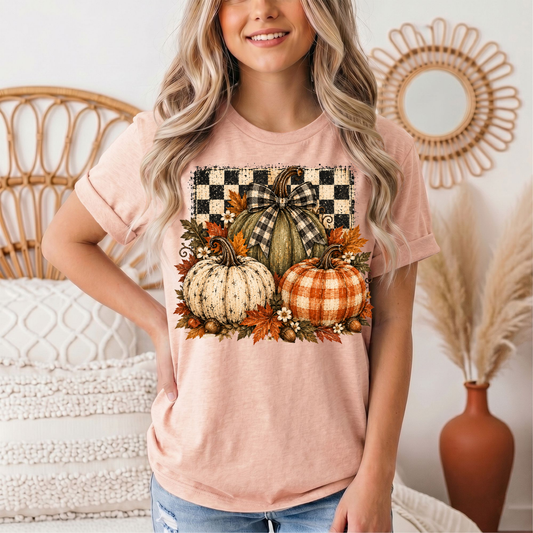 Rustic Fall Pumpkin Trio & Gingham Bow Graphic Tee