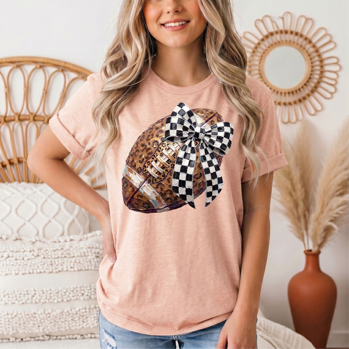 Leopard Football & Checkerboard Bow Graphic Tee
