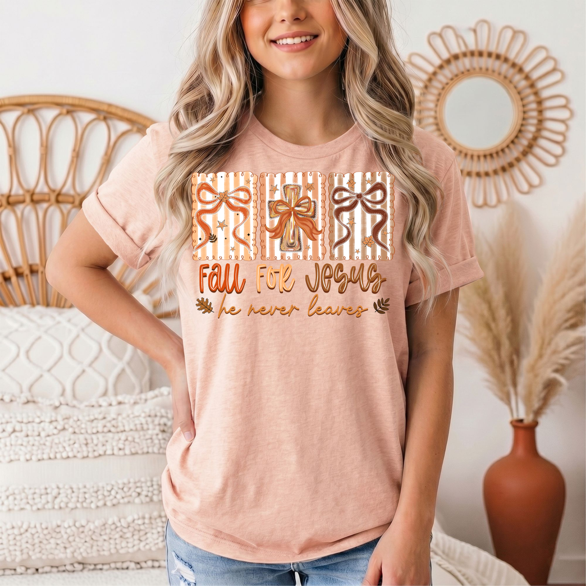 Fall for Jesus He Never Leaves Christian Graphic Tee
