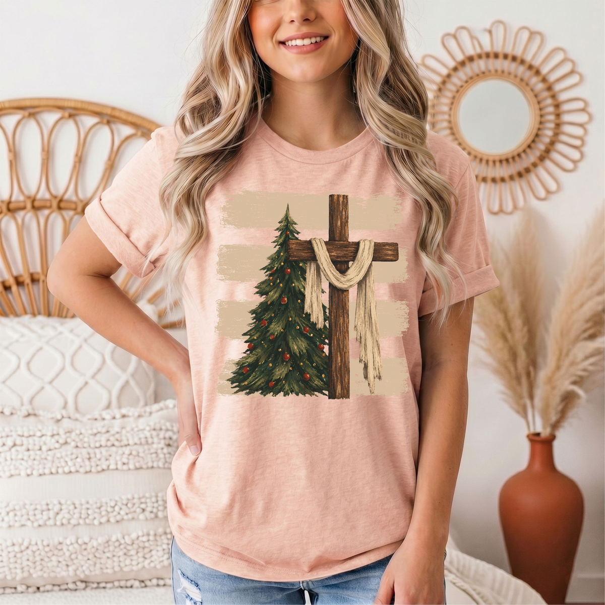 Rustic Cross & Christmas Tree Christian Graphic Tee