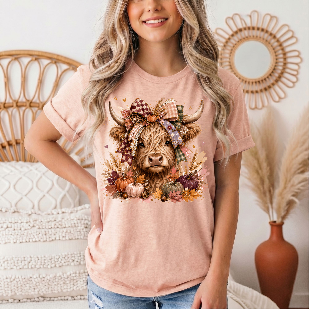 Fall Highland Cow Bow & Pumpkins Graphic Tee