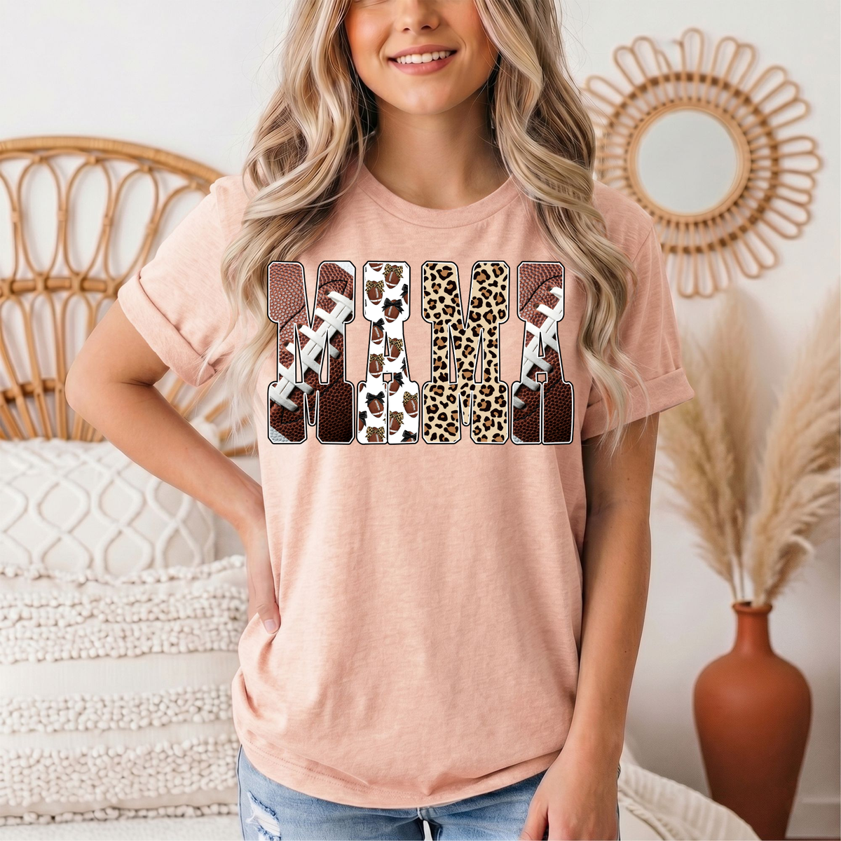 Mama Football & Leopard Mixed Print Graphic Tee