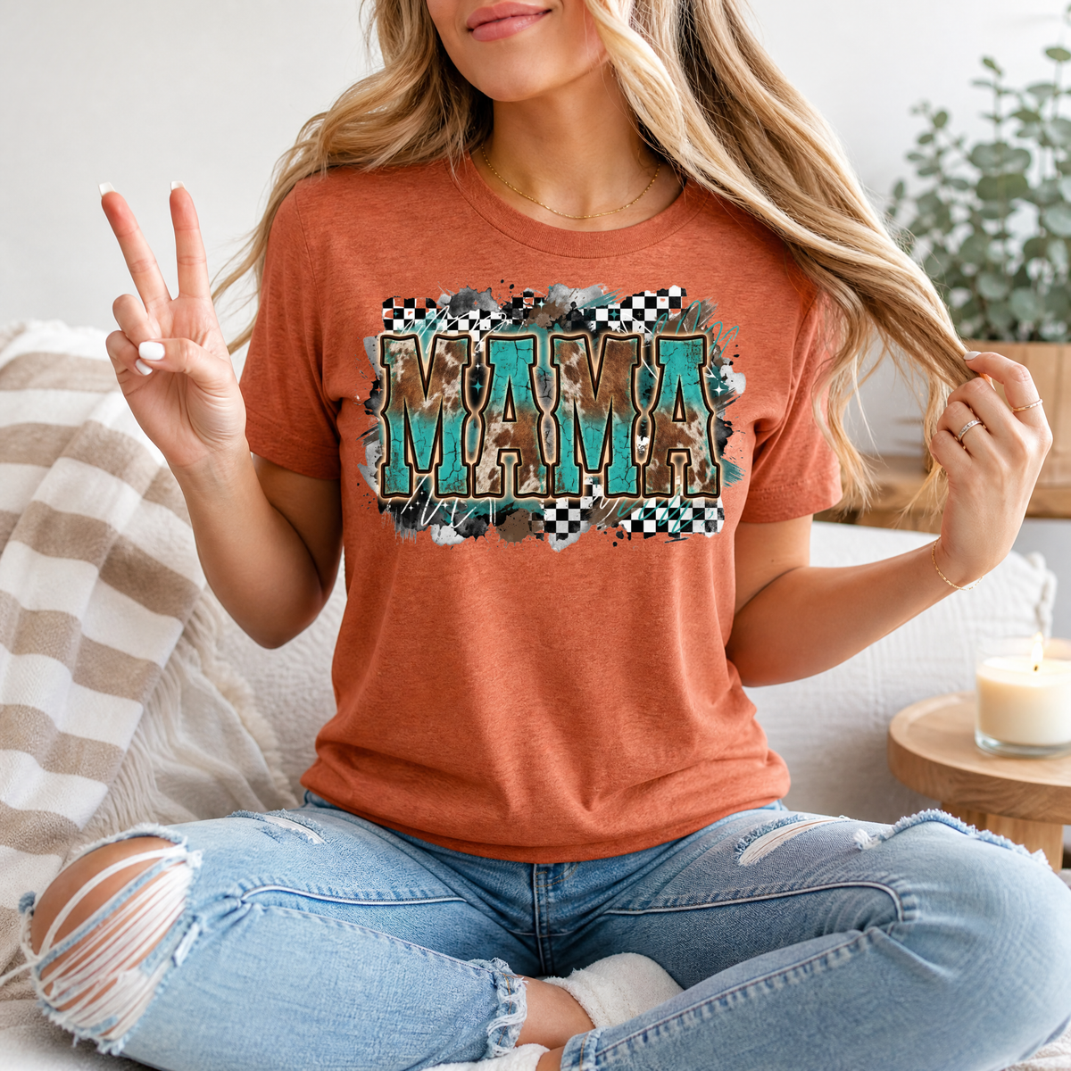Western Mama Turquoise & Checkerboard Graphic Tee