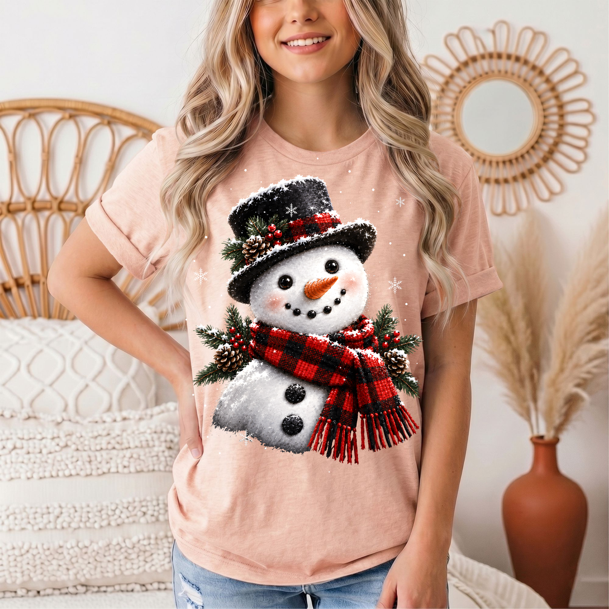 Snowman Buffalo Plaid Scarf Christmas Graphic Tee