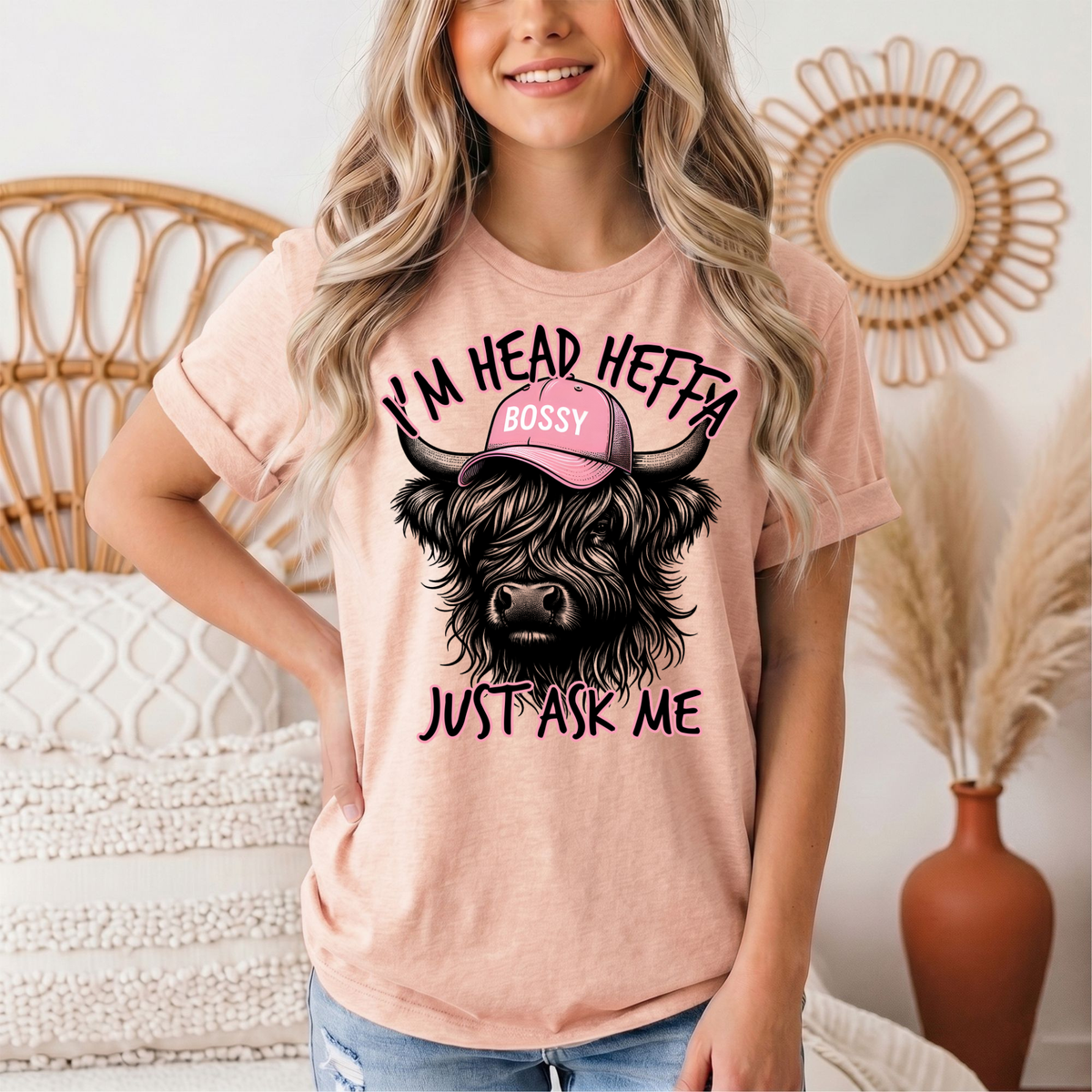 I'm Head Heffa Highland Cow Pink Bossy Cap Graphic Tee