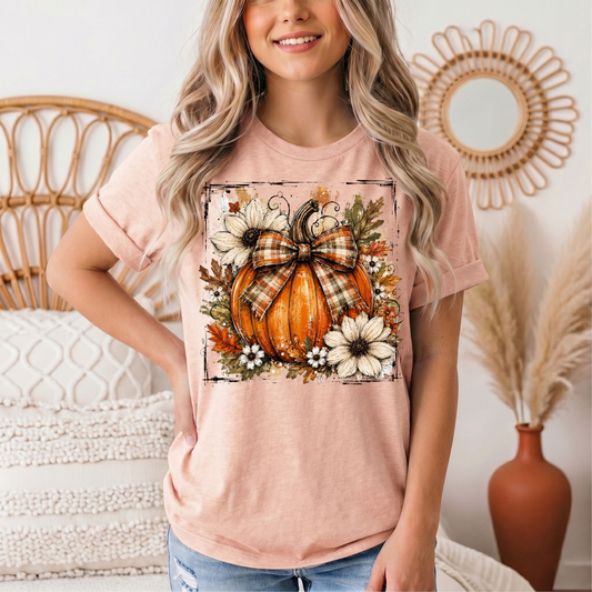 Fall Pumpkin Floral & Plaid Bow Graphic Tee