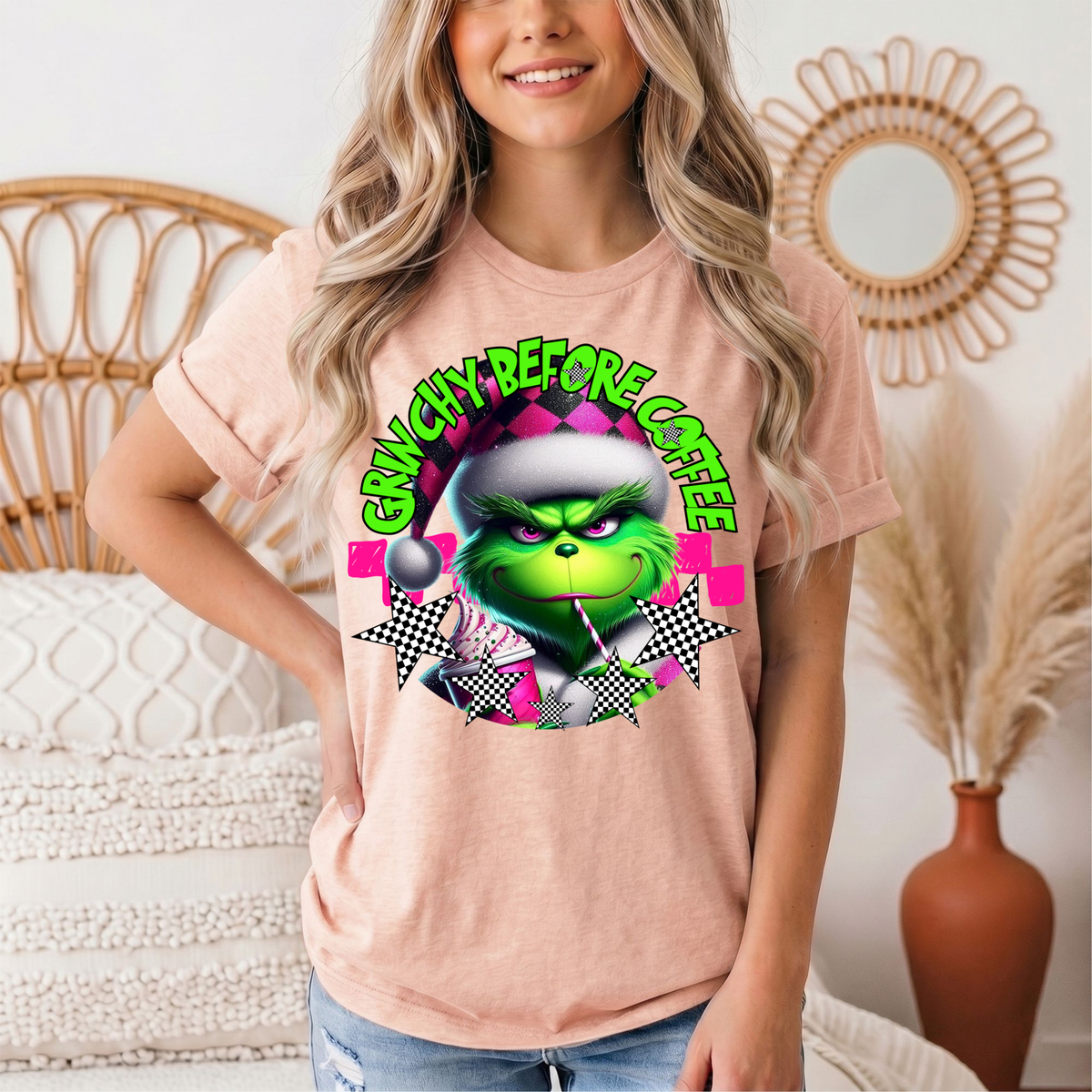 Grinchy Before Coffee Pink Checkerboard Christmas Graphic Tee