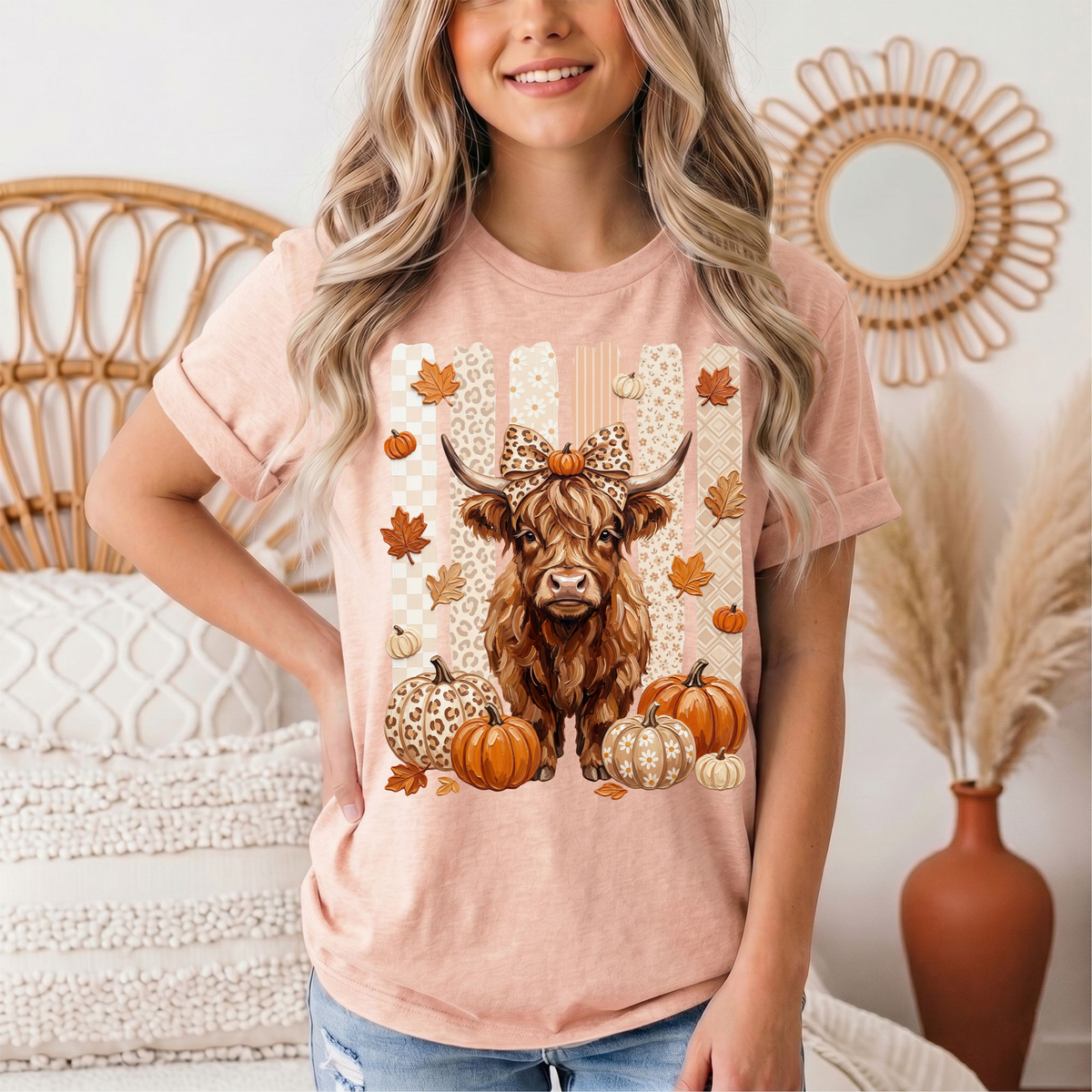 Fall Highland Cow Leopard Bow & Pumpkin Graphic Tee