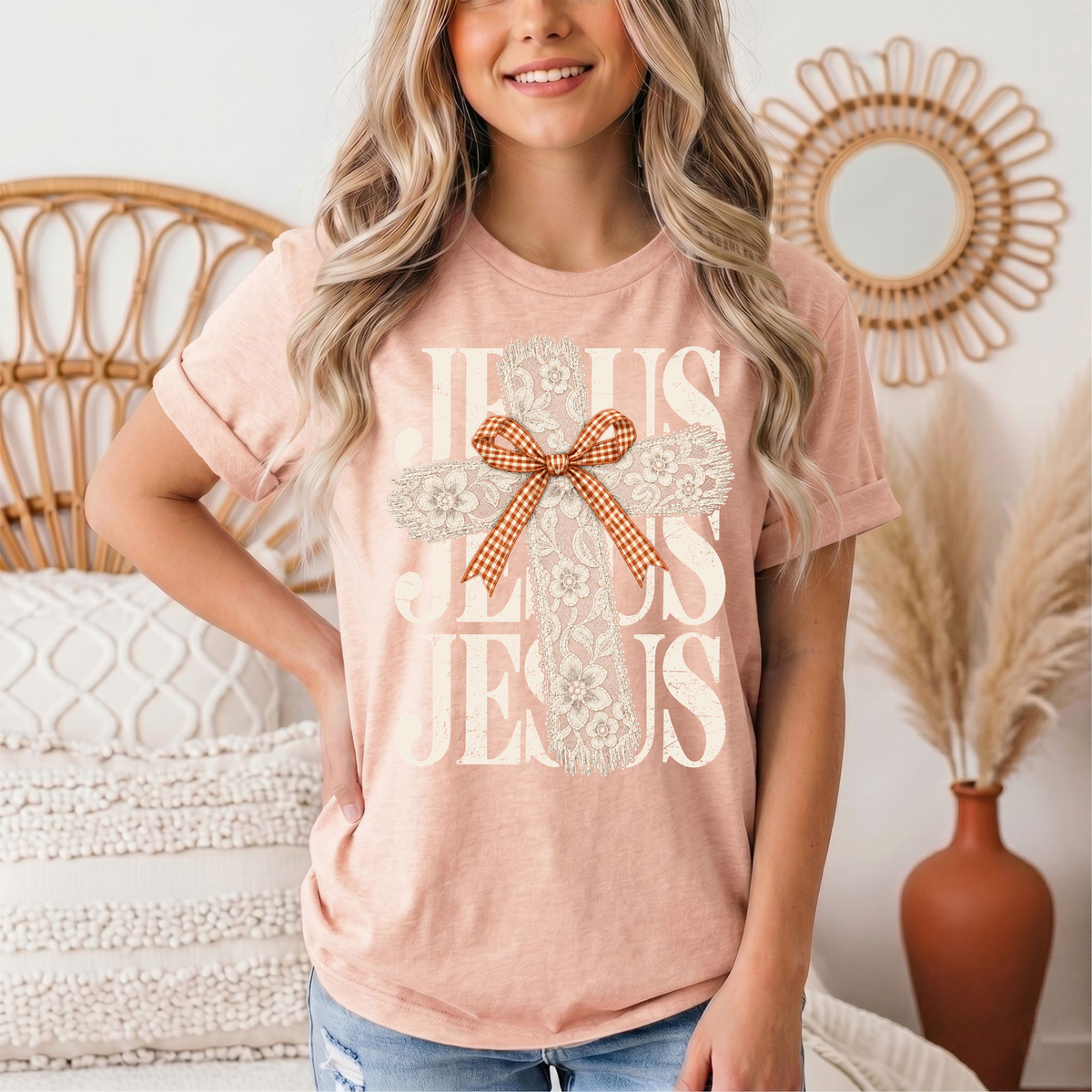 Jesus Lace Cross & Gingham Bow Christian Graphic Tee