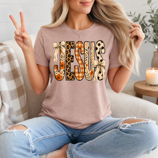 Jesus Floral, Leopard & Gingham Bow Graphic Tee