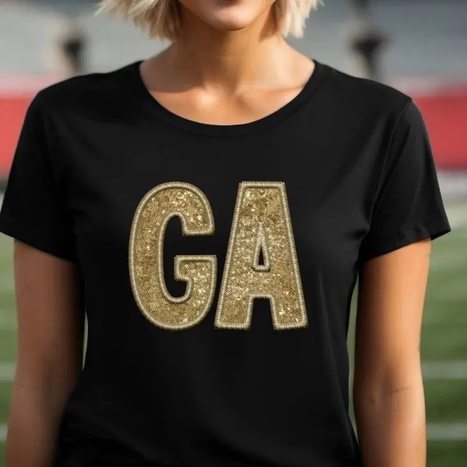 Gold GA Sequin Letter Graphic Tee | Georgia Pride Shirt | Georgia Football Shirt K's Krafty Barn