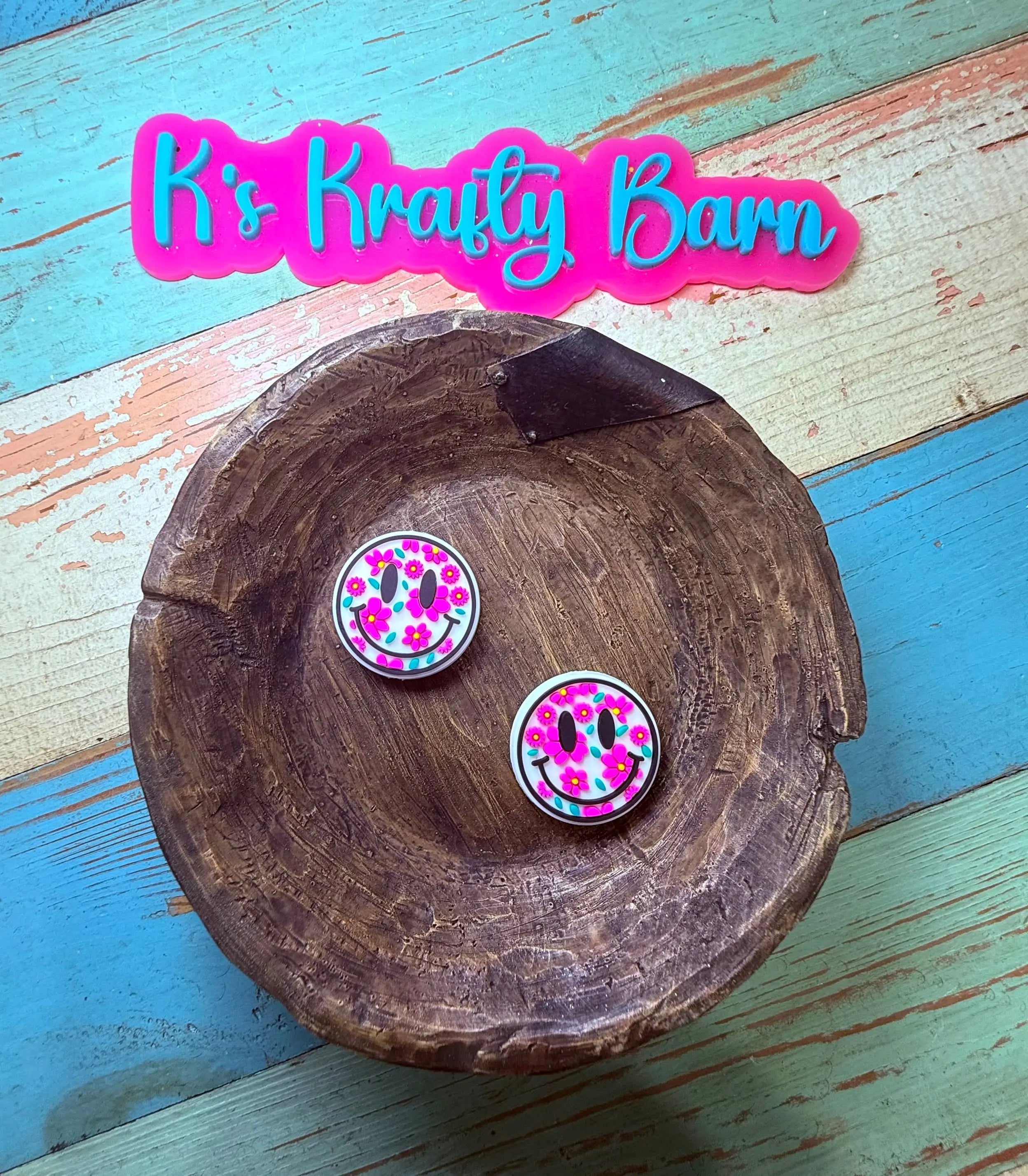 Silicone Focal Bead- Smiley face with hot pink flowers K's Krafty Barn