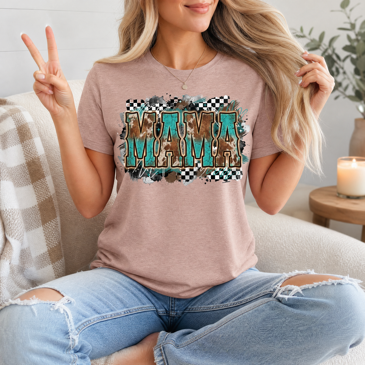 Western Mama Turquoise & Checkerboard Graphic Tee