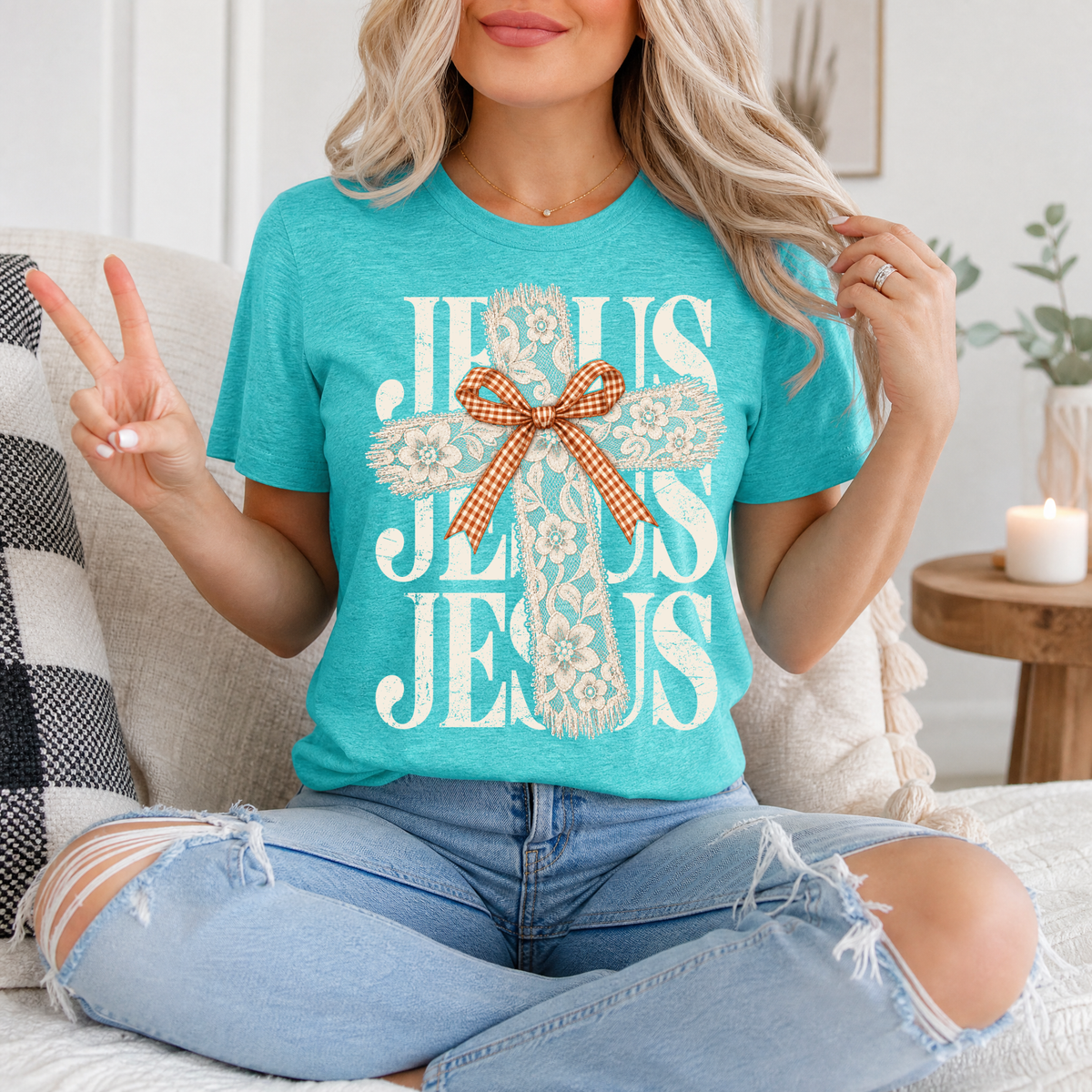 Jesus Lace Cross & Gingham Bow Christian Graphic Tee