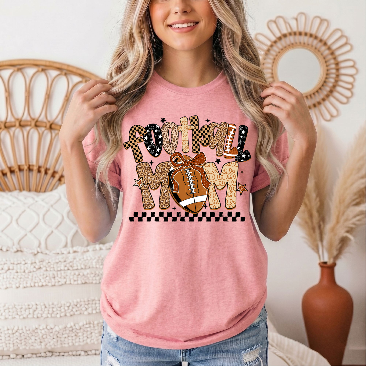 Football Mom Mixed Print Bow & Checkerboard Graphic Tee