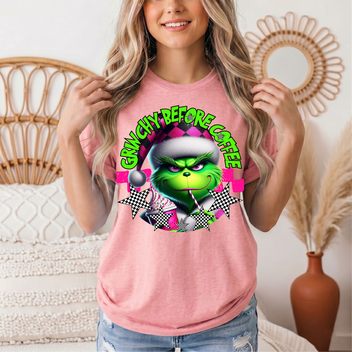 Grinchy Before Coffee Pink Checkerboard Christmas Graphic Tee