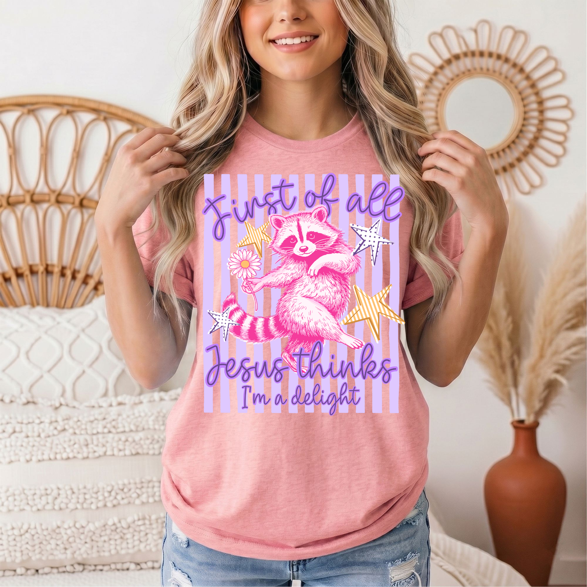 Jesus Thinks I'm a Delight Pink Raccoon Graphic Tee