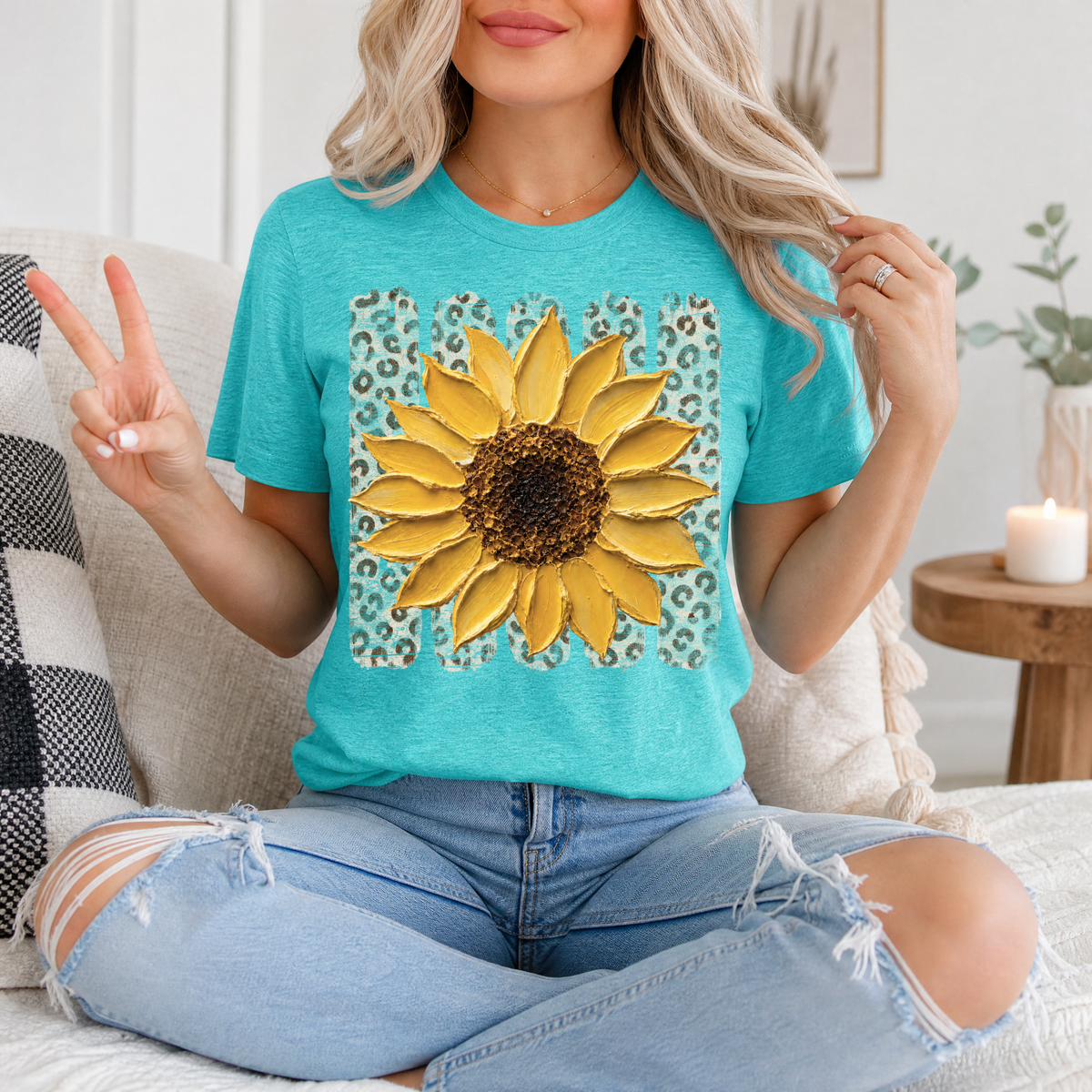 Painted Sunflower & Leopard Print Graphic Tee