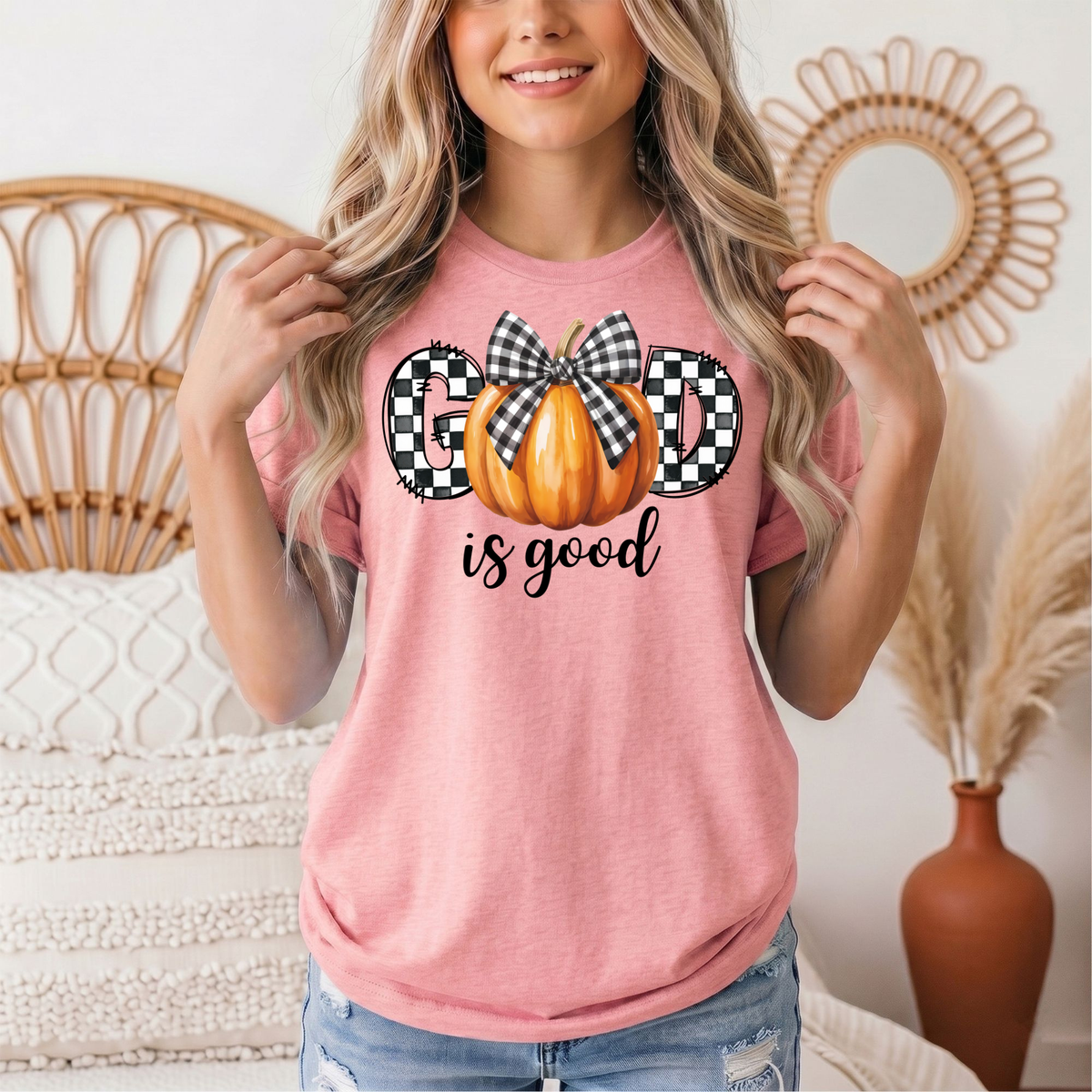 God Is Good Pumpkin & Gingham Bow Graphic Tee