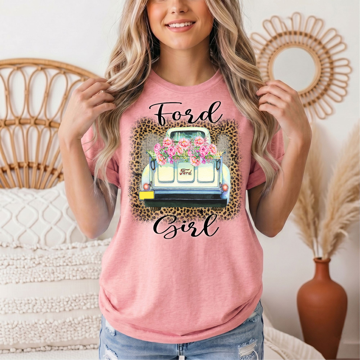 Ford Girl Floral Vintage Truck & Leopard Graphic Tee