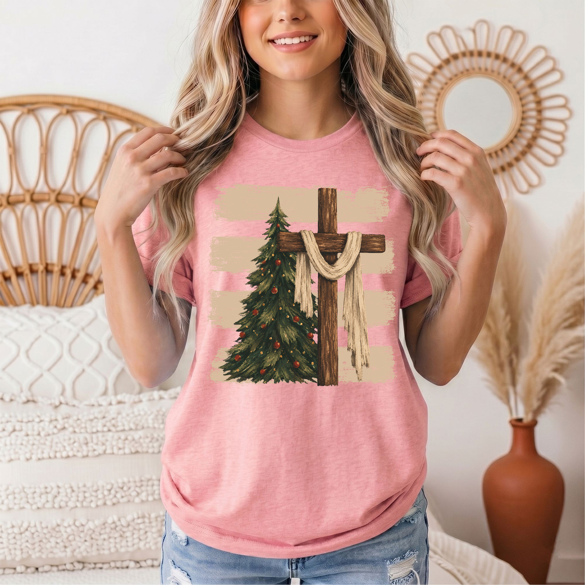 Rustic Cross & Christmas Tree Christian Graphic Tee