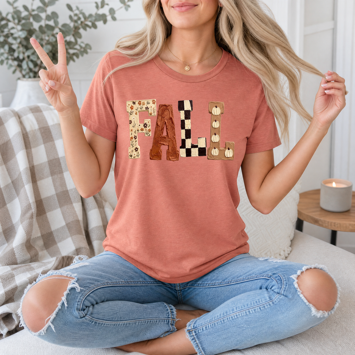 Fall Floral, Checkerboard & Pumpkin Graphic Tee