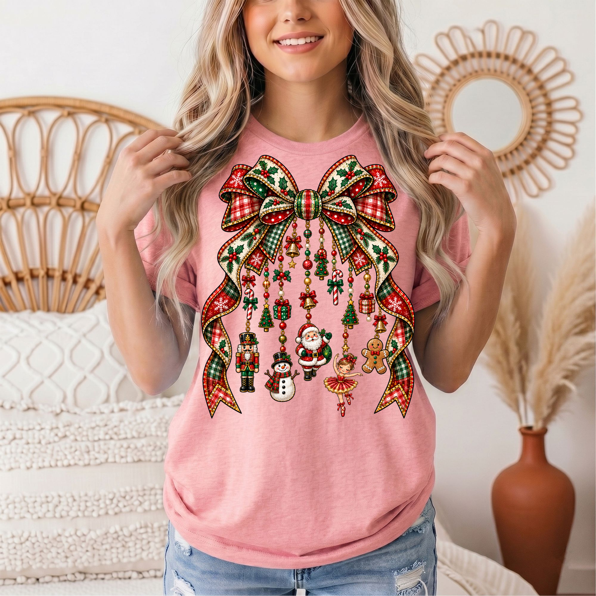 Christmas Plaid Bow & Holiday Charms Graphic Tee
