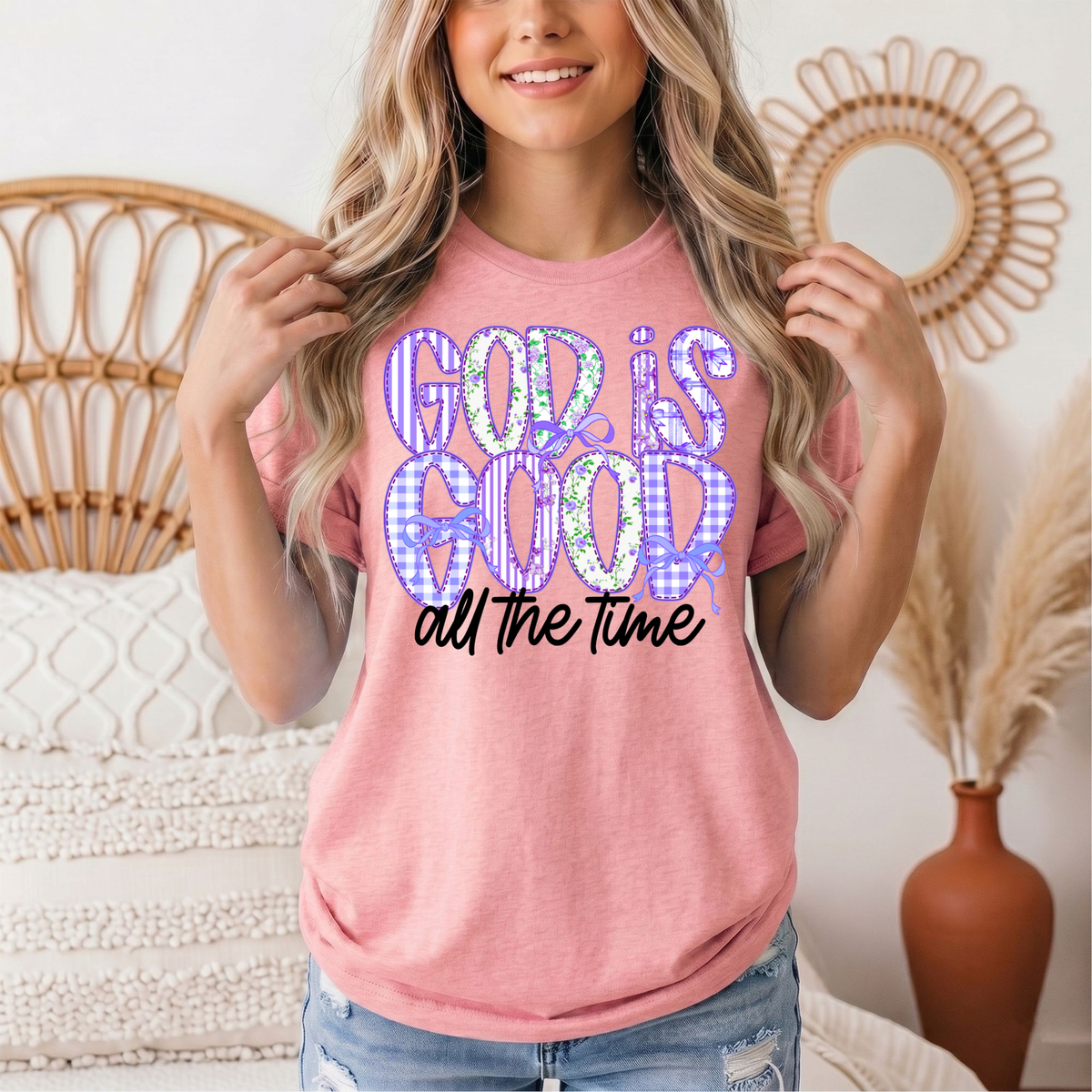 God Is Good All the Time Purple Bow Graphic Tee