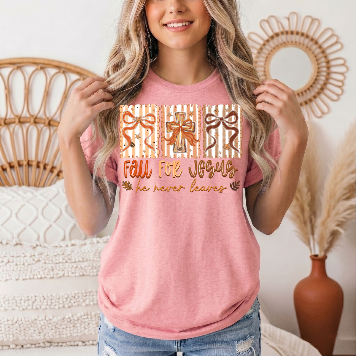 Fall for Jesus He Never Leaves Christian Graphic Tee