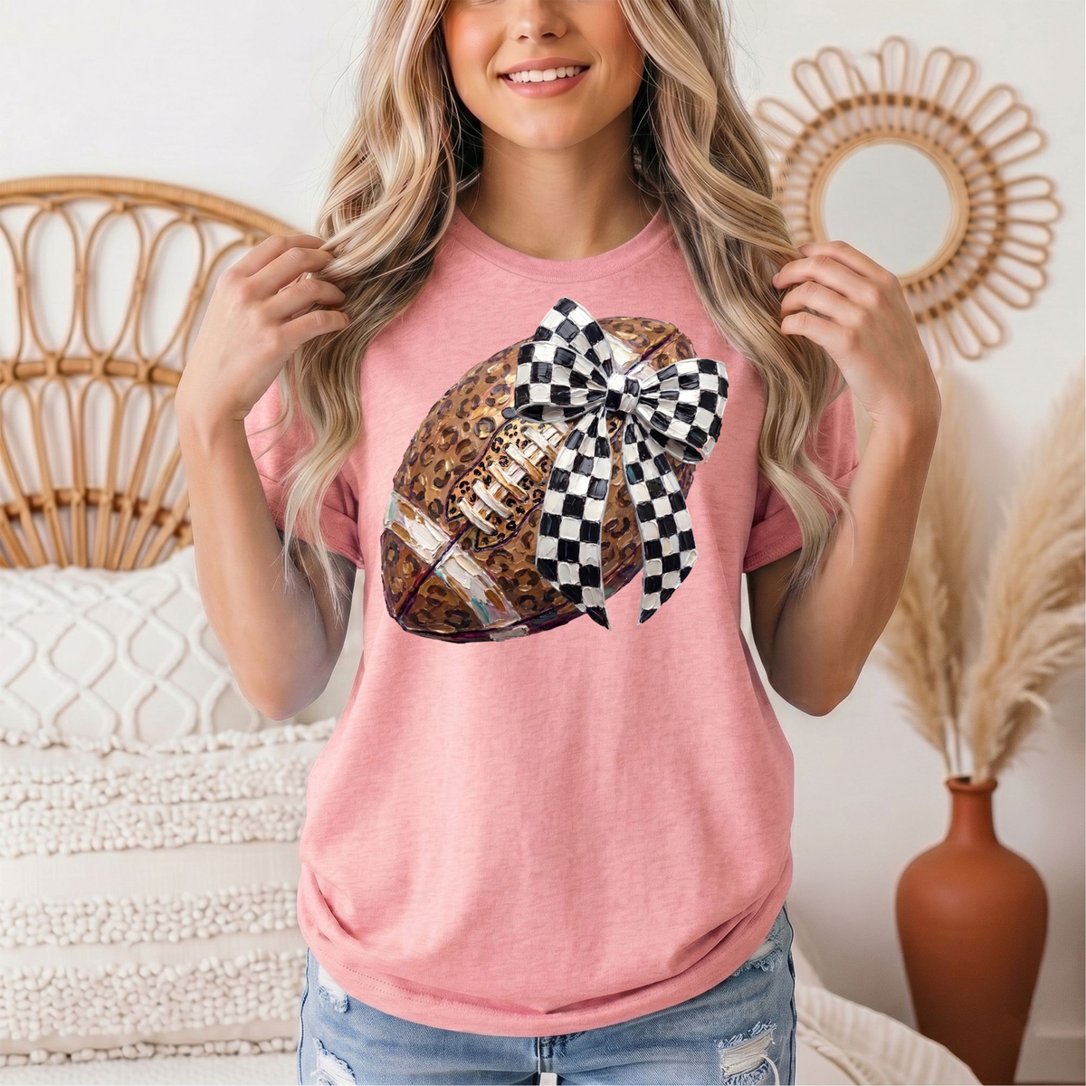 Leopard Football & Checkerboard Bow Graphic Tee