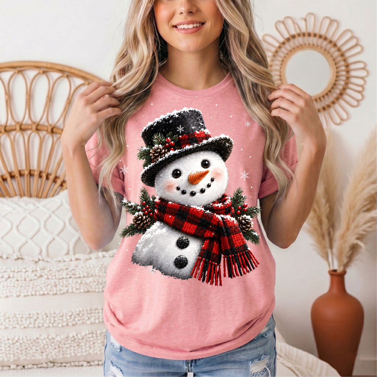 Snowman Buffalo Plaid Scarf Christmas Graphic Tee