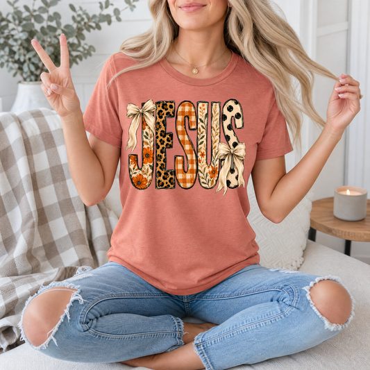 Jesus Floral, Leopard & Gingham Bow Graphic Tee