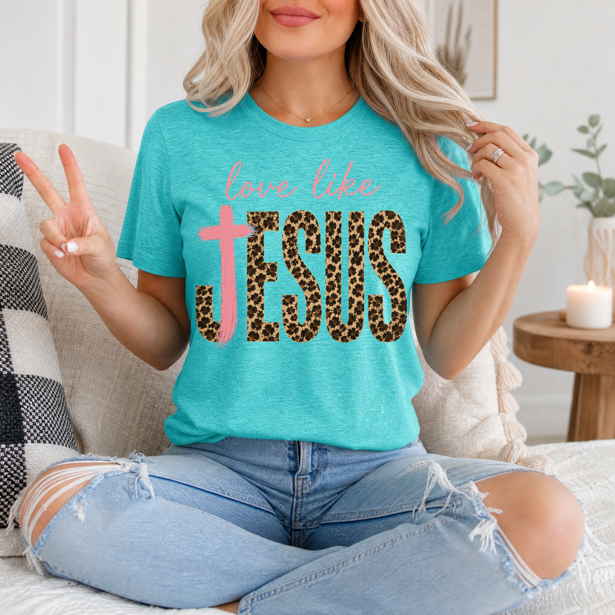 Love Like Jesus Leopard Print & Pink Cross Graphic Tee